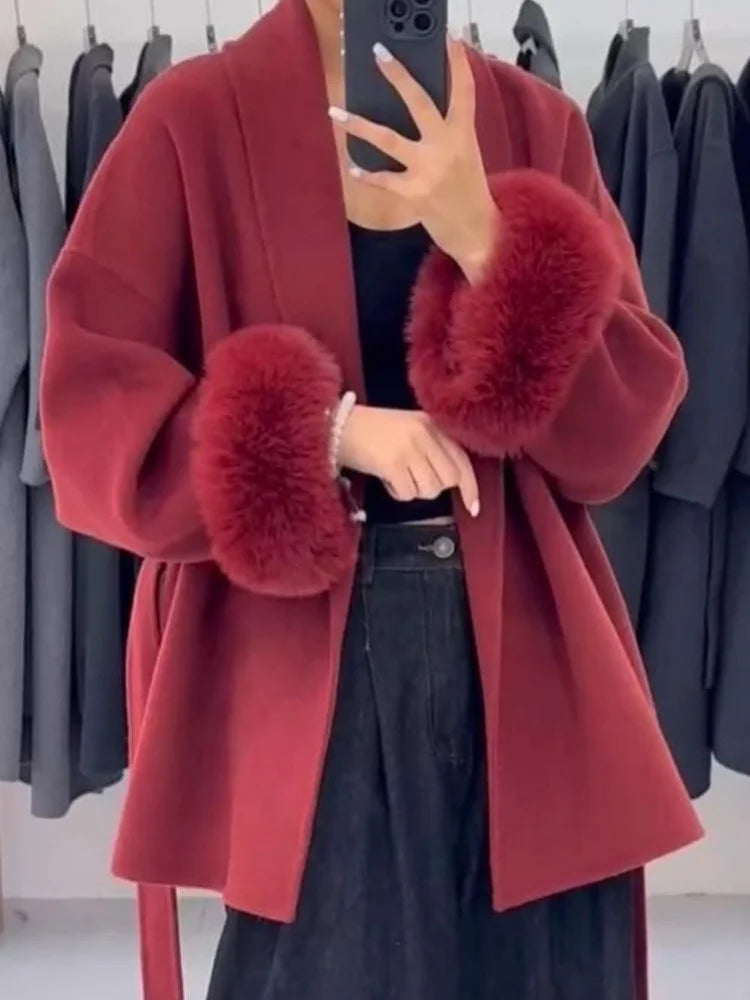 Heather Woolen Coat With Fur
