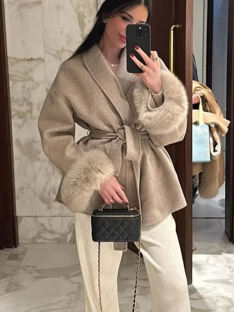 Heather Woolen Coat With Fur