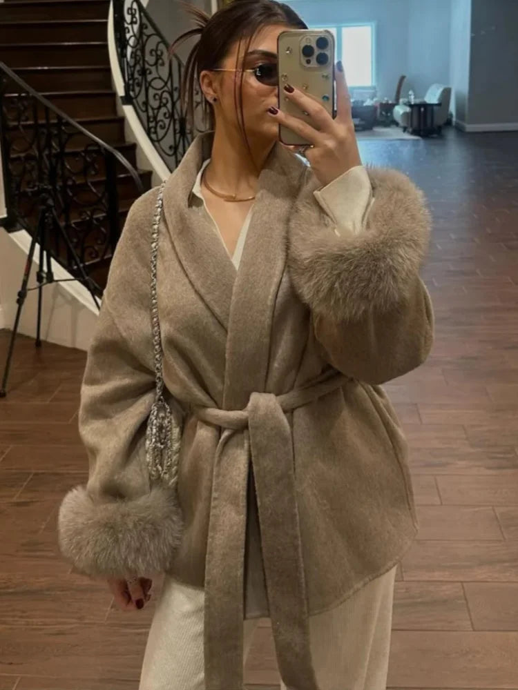 Heather Woolen Coat With Fur