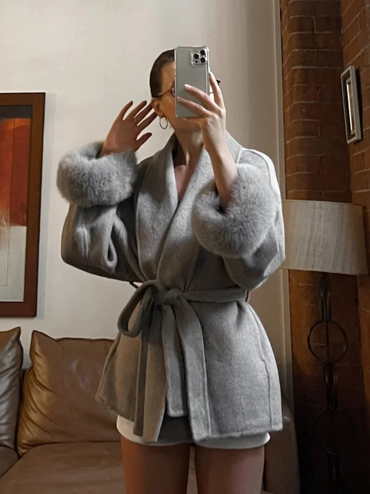 Heather Woolen Coat With Fur