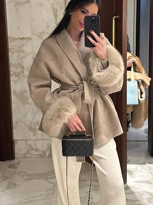 Heather Woolen Coat With Fur