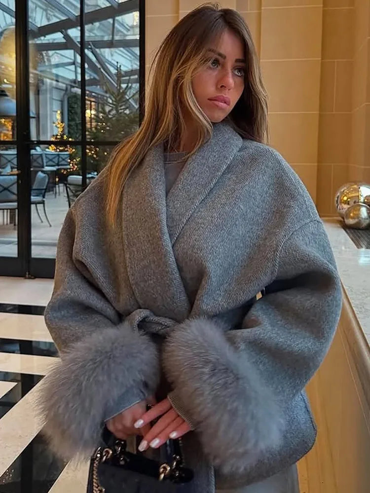Heather Woolen Coat With Fur